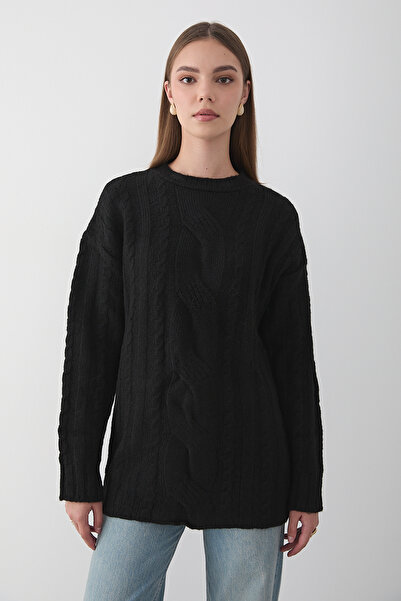 JASTE Kadın Siyah Örgü Desenli Triko kazak