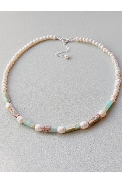 Abundo Colier din perle de cultura si jasp imperial cu argint 925, 41 cm