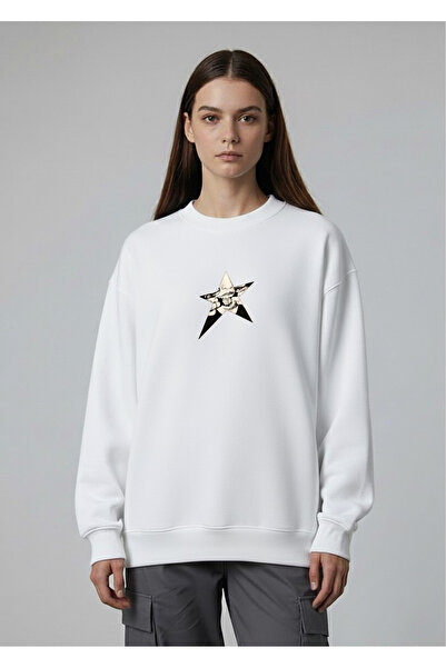 LORVEX سويت شيرت نسائي برقبة دائرية قصة فضفاضة مطبوع عليه SCREAMING STAR