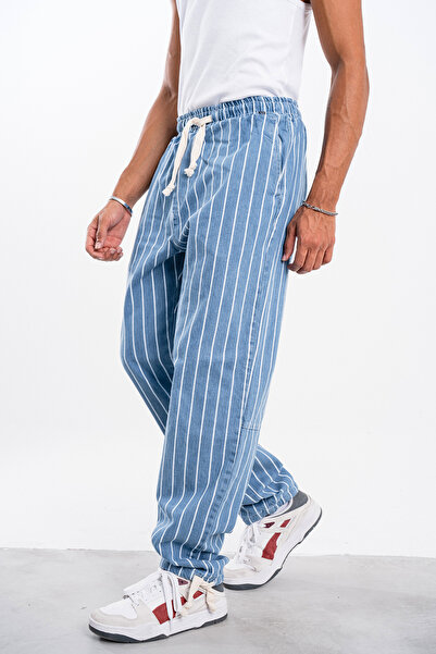 Denim Republic Men's Dark Blue Striped Loose Trousers Gabardine