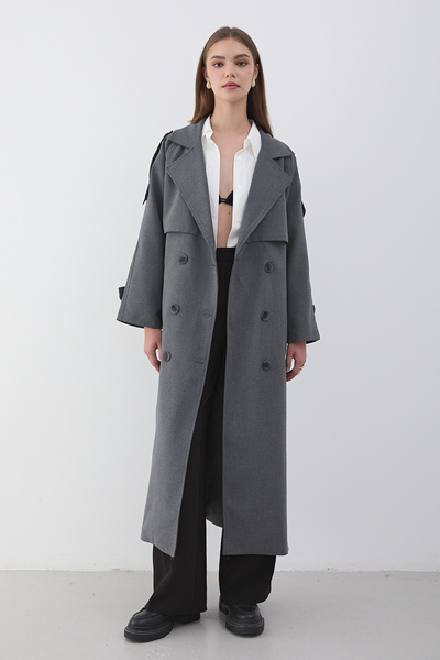 JASTE Women's Anthracite Double-Breasted Collar Belted Long Trench Coat