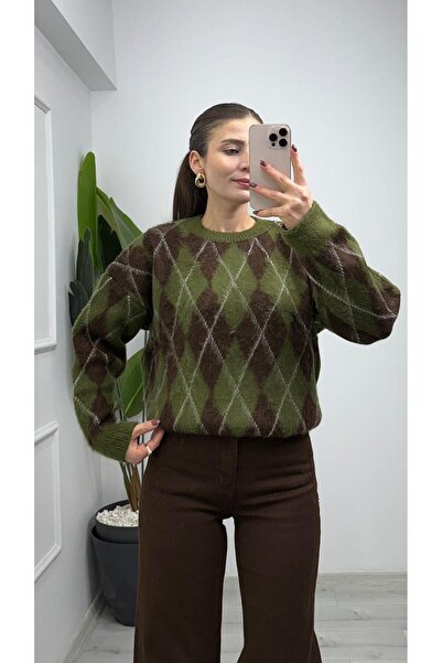 TUNAM BUTİK 4652 Diamond Pattern Soft Knit Sweater Khaki Brown