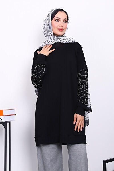 İmajButik Black Sleeve Embroidered Modal Tunic