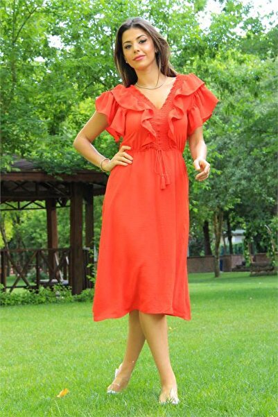 Dipmoda Дамска оранжева блуза с наборна яка и ръкави, с детайл на вратовръзка...