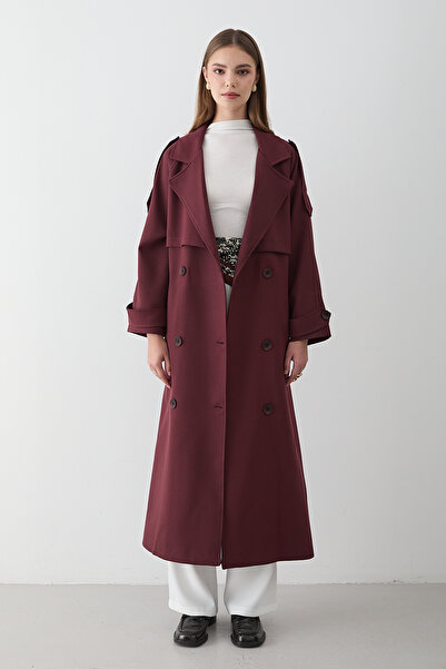 JASTE Kadın Bordo Kruvaze Yaka Kuşaklı Uzun Trençkot