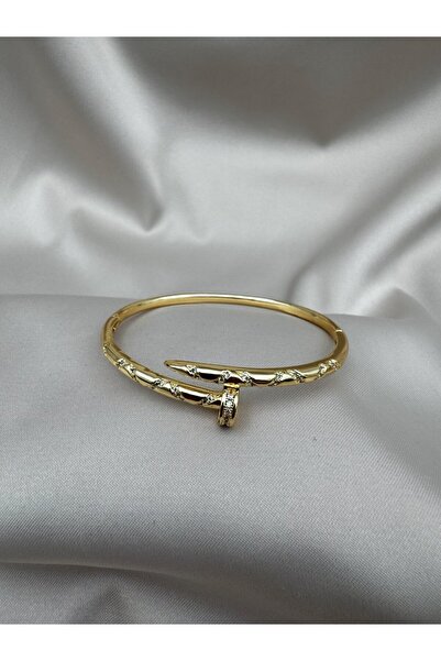 Luseda Gold Renk Zirkon Taşlı Civi Kelepçe Bileklik