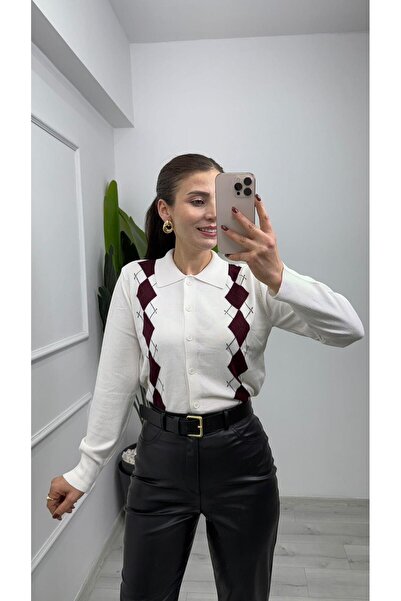 TUNAM BUTİK 5044 Geometric Patterned Thin Knit Cardigan Cream