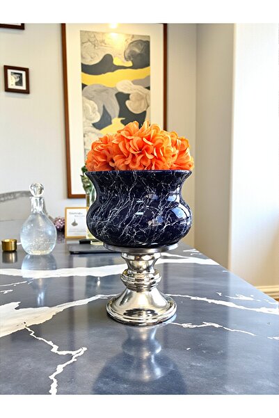 ferayhome Dekoratif Obje Ayaklı Saksı Lacivert Mermer GÜMÜŞ - Feray Home