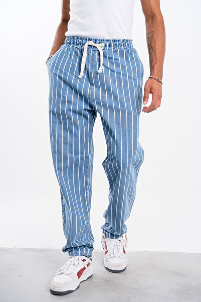 Denim Republic Men's Dark Blue Striped Loose Trousers Gabardine