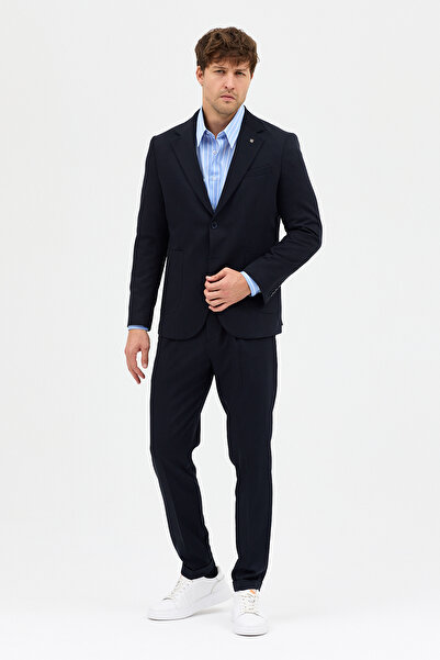 Frappoli Lerma Чоловічий темно-синій піджак з кишенями та напівпідкладкою + брюки з лампасами, 2-компонентний костюм Slim Fit
