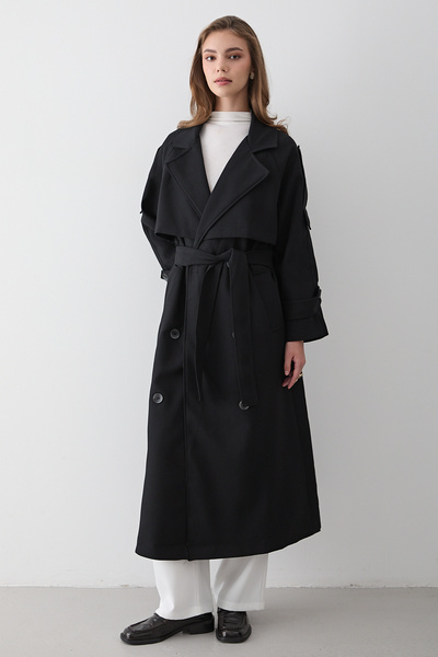 JASTE Kadın Siyah Kruvaze Yaka Kuşaklı Uzun Trençkot