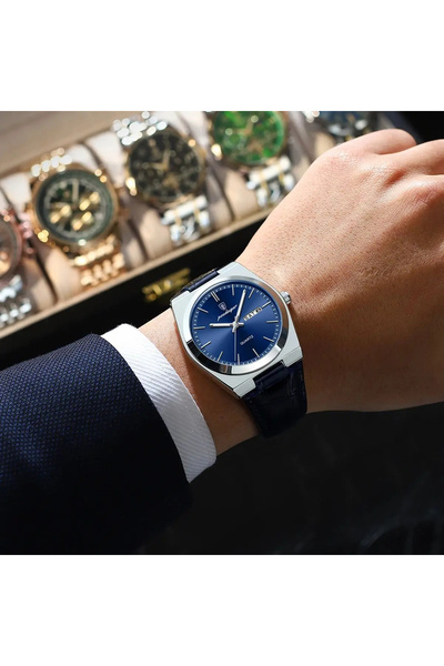 POEDAGAR Ceas bărbătesc de lux la modă, cu afișaj dată, zilele săptămânii, cuarț, piele, negru, albastru