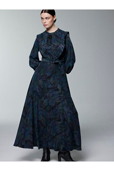 Zühre Kadın Desenli Kuşaklı Tavus Kuşu Elbise E-0516