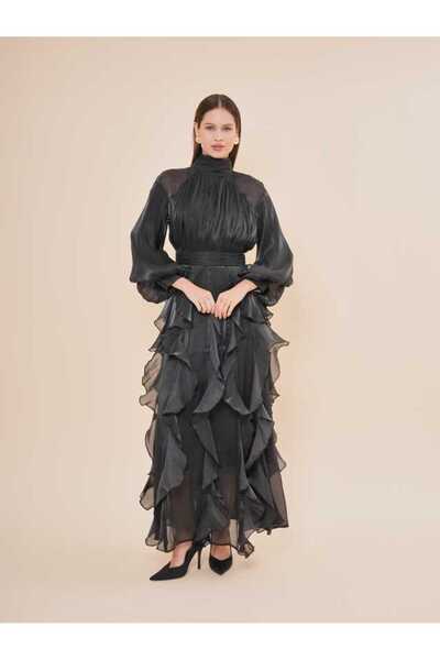 SERPİL Volan Detaylı Saten Uzun Kollu Şifon Elbise 51199