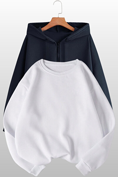 MODAGEN Unisex Kapüşonlu Fermuarlı Lacivert Hırka Bisiklet Yaka Beyaz Sweatsh...