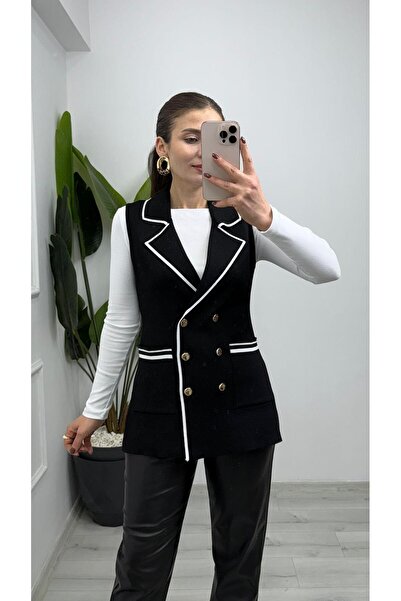 TUNAM BUTİK 4929 Pocket and Button Detailed Knit Vest Black