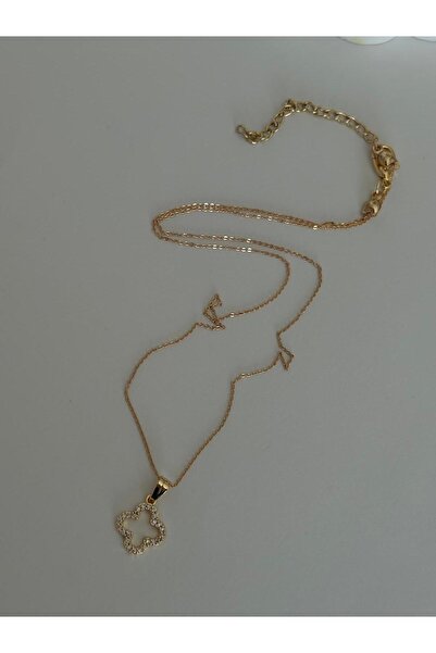 marsel aksesuar Zirkon Taş Detaylı Yonca Figürlü Gold Kaplama Kolye