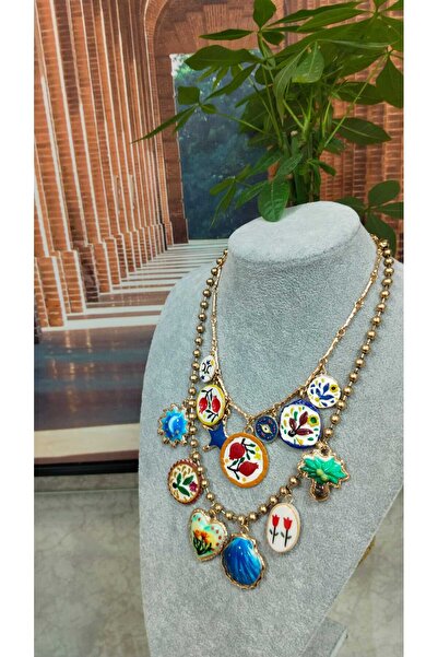 Sedaccessories KOLYE, Seramik Detaylı Nazar Nar ve Çiçek Figürlü Çift Sıra Tasarım kolye