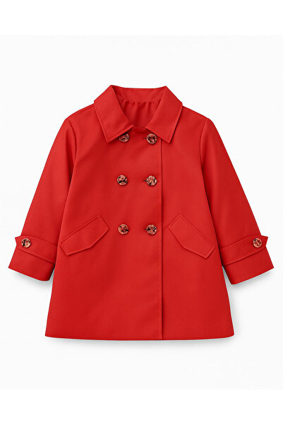 Emsun Kız Bebek Gabardin Kumaş Kırmızı Trençkot