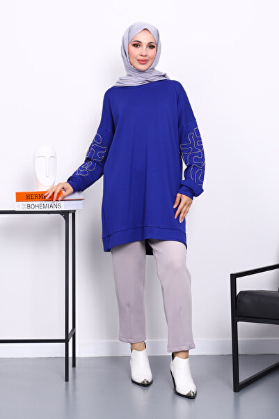 İmajButik Cobalt Blue Sleeve Embroidered Modal Tunic