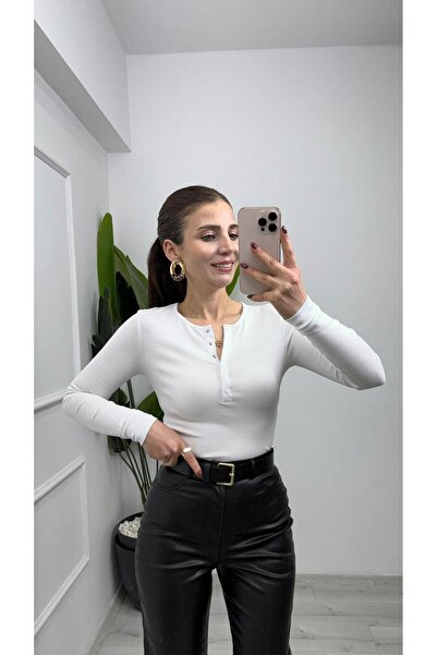 TUNAM BUTİK 31442 بلوزة بأكمام طويلة وأزرار كبس باللون الأبيض