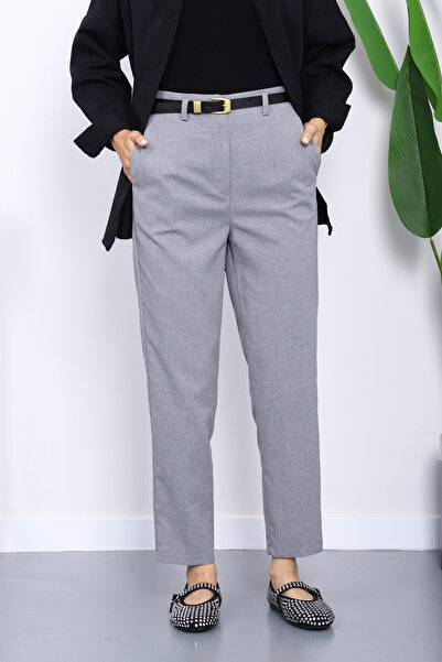 İmajButik Gri Kemerli Önü Pensli Havuç Kumaş Pantolon