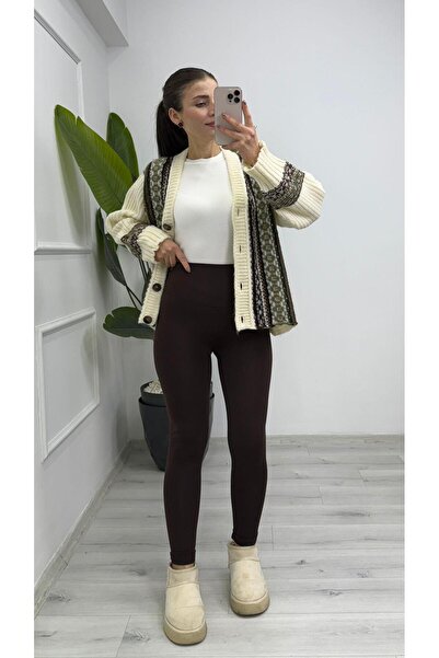 TUNAM BUTİK 0501 Şardonlu Kışlık Tayt Acı Kahve