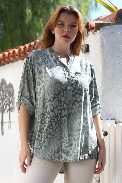 Chiccy Italian Khaki Judge Collar Buttoned Long Sleeve Leopard Print Sequin Pocketed Back Long Woven Blouse 72 65