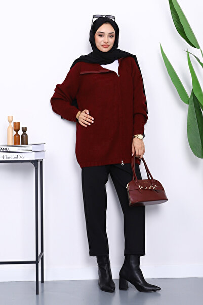 İmajButik Burgundy Thessaloniki Braided Zippered Knitwear Cardigan