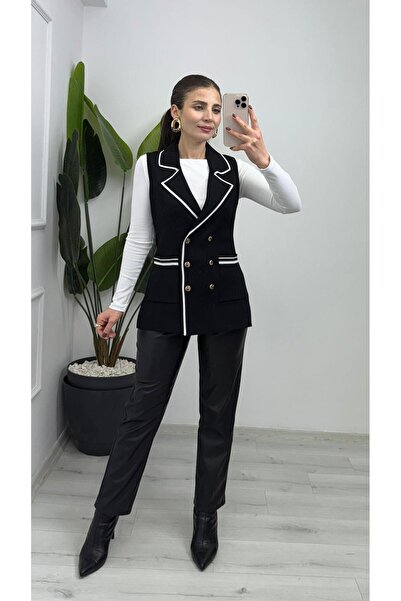 TUNAM BUTİK 4929 Pocket and Button Detailed Knit Vest Black