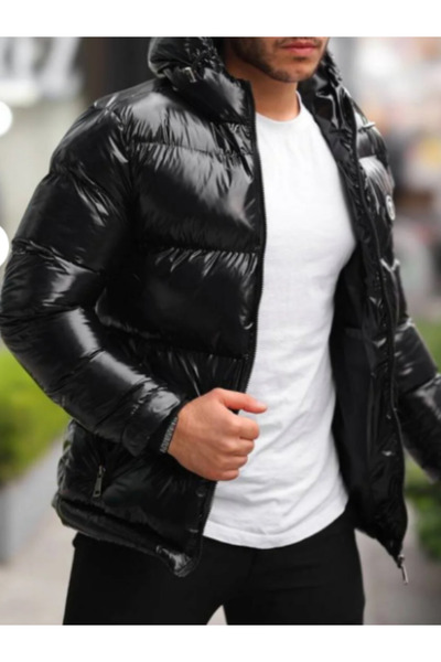 m.baba Siyah Parlak Şişme Mont