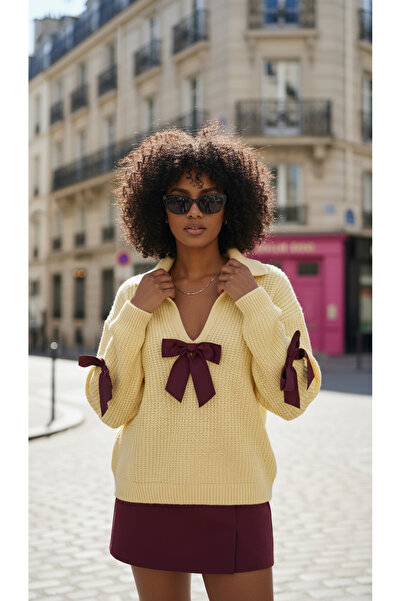 NİLZA سترة تريكو نسائية ذات رقبة بولو وشريط فيونكة