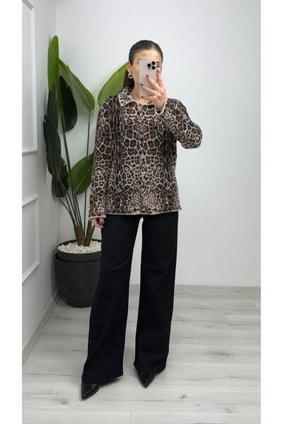 TUNAM BUTİK 4881 Polo Neck Leopard Print Buttoned Cardigan Brown