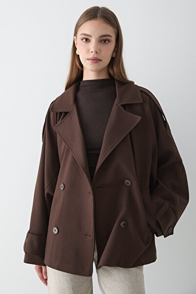 JASTE Women's Oversized Double-Breasted Collar Pocketed Short Trench Coat