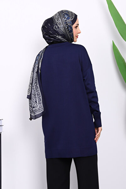 İmajButik Lacivert Ön Detaylı Soğuk İplik Triko Tunik