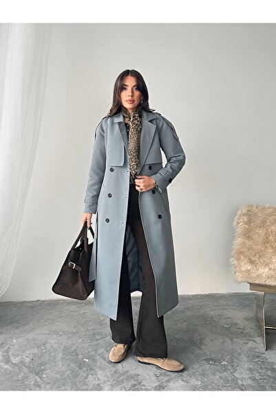 chwain Uzun pamuklu trençkot çift cepli, kuşaklı ve aller detaylı