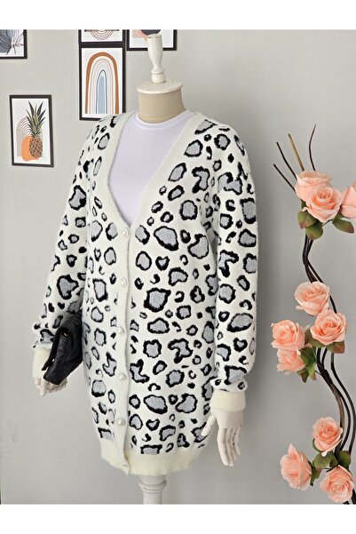 ENDAMIM Long Knit Cardigan Soft Fabric Plus Size Leopard Printed