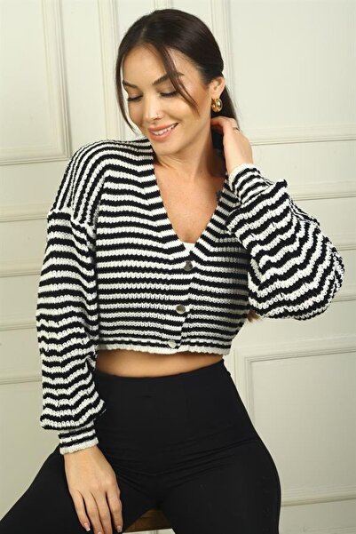 Cemre Life Women's Striped Short Knitwear Cardigan