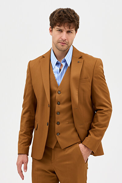 Frappoli Celiato Men's Camel Polyviscon Fabric Jacket+Pants+ Vest Set Slim Fit Suit