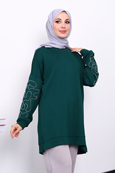 İmajButik Emerald Green Sleeve Embroidered Modal Tunic