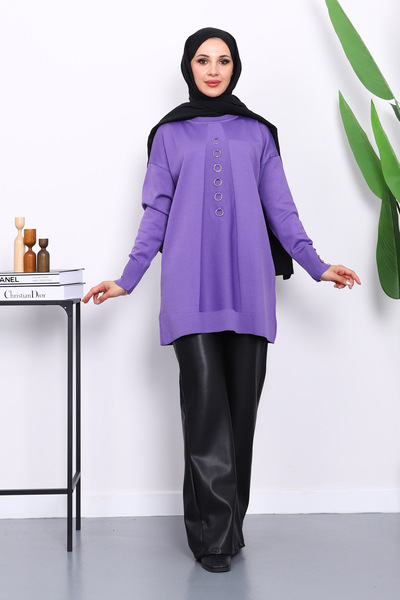 İmajButik Purple Cold Yarn Knitwear Tunic with Front Detail