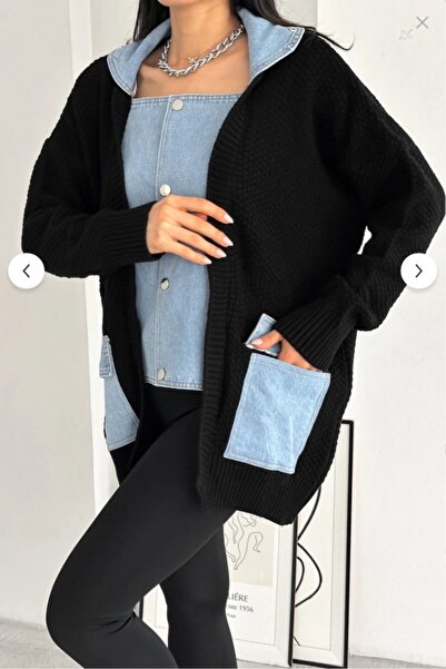 GND Women's Black Standard Size Snap Button Double Pocket Denim Denim Detailed Design Oversize Knitwear Cardigan