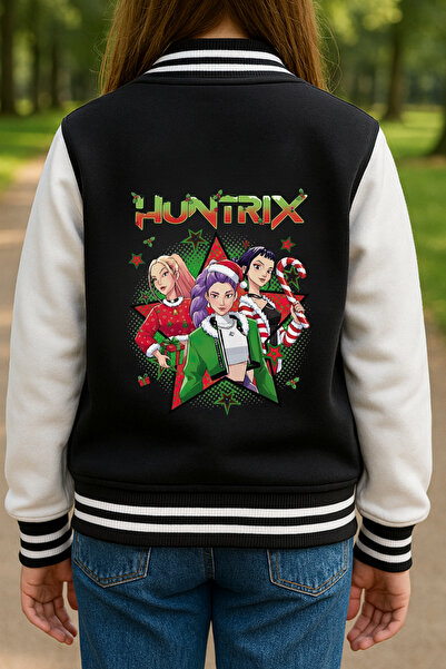 MECH BUTİK K-pop Demon Hunters Huntrix печатно черно колежанско яке