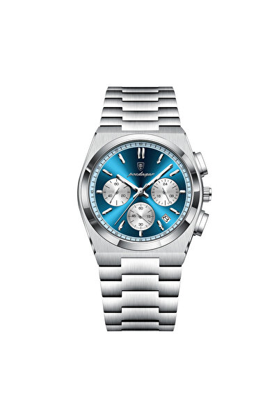 POEDAGAR Ceas bărbătesc cronograf cuarț elegant de lux oțel argintiu albastru