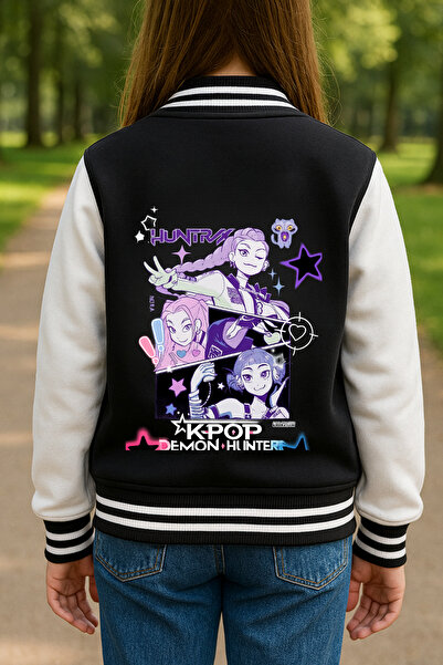 MECH BUTİK K-Pop Demon Hunters Huntrix печатно черно колежанско яке
