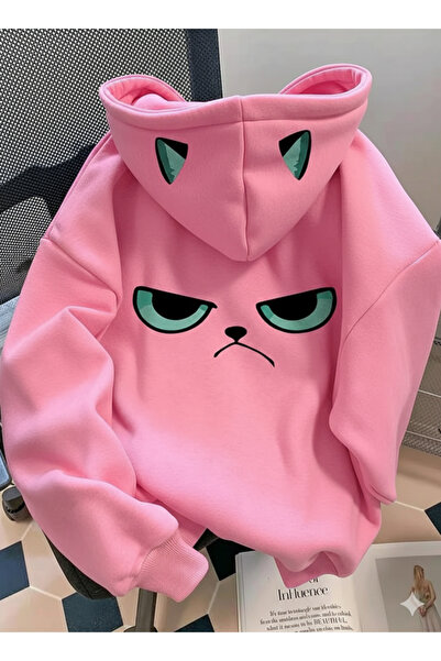 dwnwear Γυναικεία/Unisex Φούτερ με ροζ κουκούλα με αστείο έναντικο πρόσωπο
