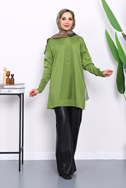 İmajButik Oil Green Cold Knitwear Tunic with Front Detail