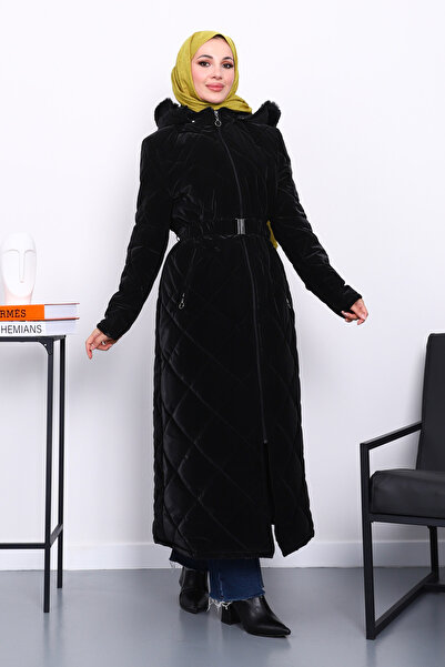 İmajButik Μαύρο με κουκούλα καπιτονέ μακρύ πουπουλένιο παλτό