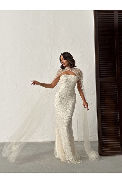 Housebutik Pelerinli Taş İşlemeli Boncuklu Nişan Davet Abiye