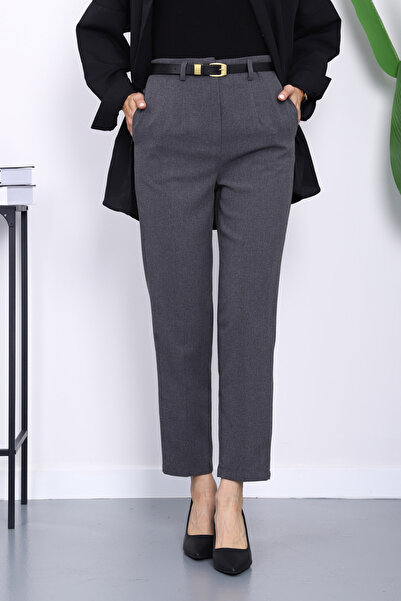 İmajButik Füme Kemerli Önü Pensli Havuç Kumaş Pantolon